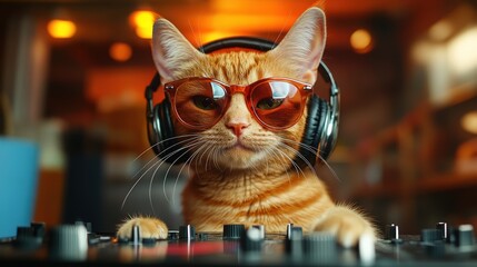 Cool Cat DJ Orange Tabby Kitten with Headphones and Sunglasses Mixing Music