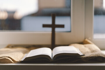 Reading the Holy Bible in home. Concept for faith, spirituality and religion. Peace, hope, dreams...