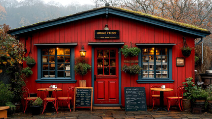 Exterior facade of stand alone cafe shop fisherman house style in countryside red color scheme wood wall in the garden and forest Front elevation