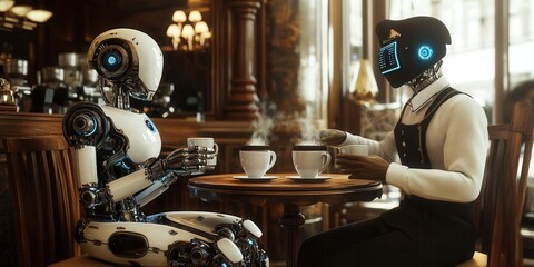 Two lifelike robots chat over coffee in a classic café, served by a friendly human waiter. A vision of AI coexisting with tradition and warmth.
