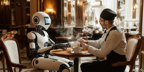 Futuristic humanoid robots enjoy coffee at a vintage café while a human waiter serves them. A surreal meeting of AI and classic hospitality.