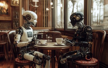 Two lifelike robots chat over coffee in a classic café, served by a friendly human waiter. A vision of AI coexisting with tradition and warmth.