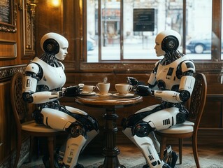 Futuristic humanoid robots enjoy coffee at a vintage café while a human waiter serves them. A surreal meeting of AI and classic hospitality.