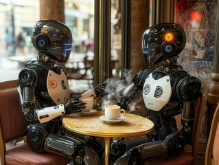 Futuristic humanoid robots enjoy coffee at a vintage café while a human waiter serves them. A surreal meeting of AI and classic hospitality.