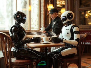 Futuristic humanoid robots enjoy coffee at a vintage café while a human waiter serves them. A surreal meeting of AI and classic hospitality.