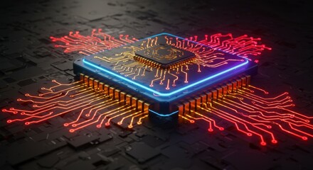 Illuminated Microchip with Radiant Circuitry Over Metallic Background in Futuristic Design