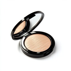 A small, round, golden powder compact is shown in a mirror