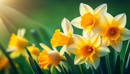 Naklejka premium beautiful spring daffodil narcissus flowers macro photo closeup green background floral header