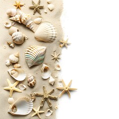 Assorted Seashells and Starfish on Sandy Beach Background