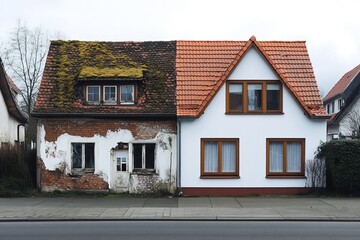 a German house split in half, showing the contrast between old and new
