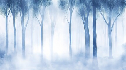 Naklejka premium Misty Forest Scene: A serene scene of tall trees enveloped in a thick, ethereal fog, creating an atmosphere of mystery and tranquility in the heart of the woods.