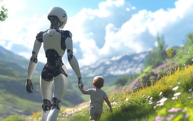 An advanced humanoid robot gently holds a child’s hand in a vibrant natural setting. A powerful symbol of AI and human coexistence.