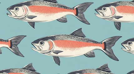 Elegant vector pattern featuring school of stylized salmon against soft azure backdrop