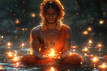 Obraz premium A meditative Hanuman, focused, seated in a lotus pose. Bright setting with serene ambiance and intricate details visible.