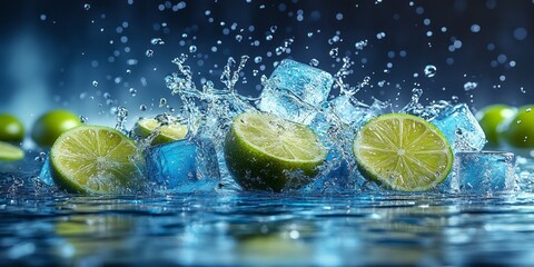 Fresh green limes and ice cubes create refreshing water splash