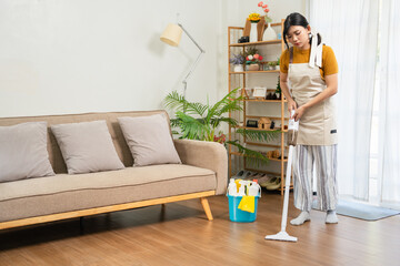 Woman cleaning with vacuum cleaner floor in the living room at home. Female janitor vacuuming the...
