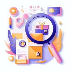 A vibrant and modern illustration depicting various business elements, including a magnifying glass over a package, showcasing themes of analysis, marketing, and commerce.