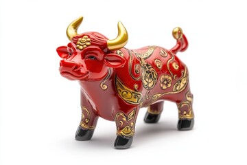 A red cow with gold horns and a gold flower design on its back