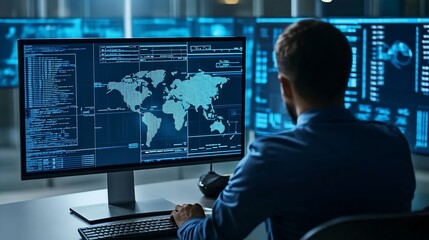Fototapeta premium Cybersecurity Expert Analyzing Global Network Data on Multiple Monitors