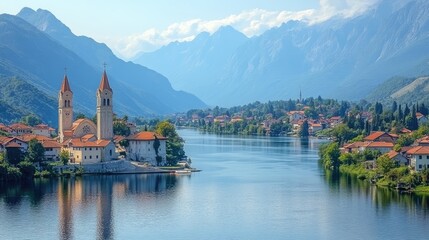 Picturesque village nestled beside a river, with mountains in the background. Tranquil scenery