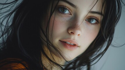 Fototapeta premium Elegant Woman Portrait Freckles Dark Hair Natural Beauty