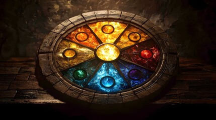 Fototapeta premium Colorful Mystical Wheel with Symbolic Gems and Radiant Center