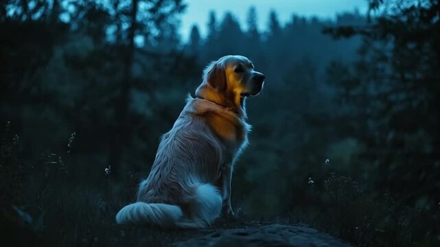 A dog sat contentedly in the park during the late afternoon, basking in the warm glow of the setting sun. Its fur glistened in the golden light as it watched children play and leaves rustle in the gen