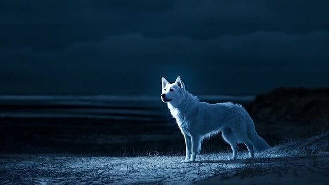 The white wolf stood majestically against the backdrop of a snowy landscape, its thick fur glistening in the sunlight. With piercing blue eyes, it surveyed its surroundings, embodying both grace and s