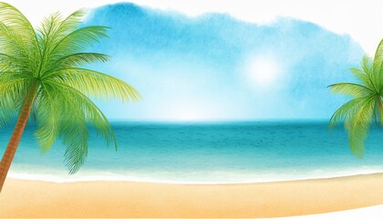 Fototapeta premium Vector illustration of tropical beach in daytime. Hand-painted watercolor background.