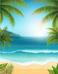 Fototapeta premium Vector illustration of tropical beach in daytime. Hand-painted watercolor background.