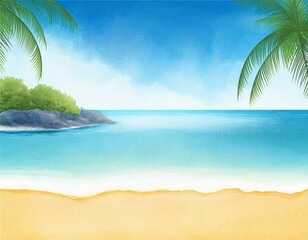 Obraz premium Vector illustration of tropical beach in daytime. Hand-painted watercolor background.
