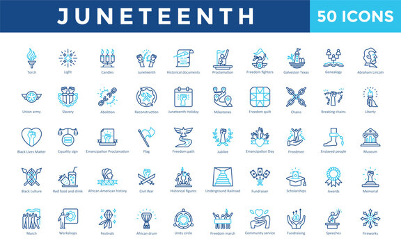 Juneteenth icon set with torch, light, candles, historical documents, proclamation, freedom fighters, galveston texas, genealogy icon. Simple outline color vector 
