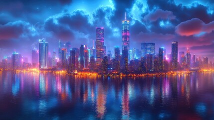 Fototapeta premium Night Cityscape Reflection: Vibrant Metropolis at Dusk