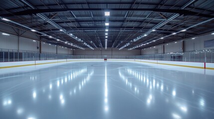 Fototapeta premium Empty Hockey Rink: A wide-angle shot of a pristine, empty ice hockey rink. The gleaming ice surface and the bright overhead lights create a sense of anticipation and excitement for the games to come.