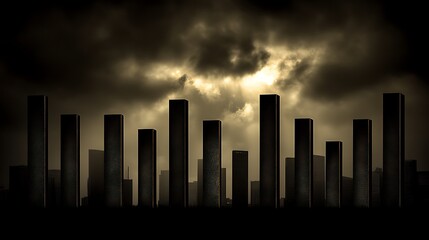 Dark city skyline under stormy clouds.