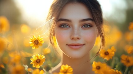 Naklejka premium Radiant woman amidst a field of yellow flowers