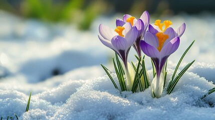 Spring's Delicate Beauty: A vibrant cluster of purple crocus flowers blooms amidst a pristine field of fresh snow, symbolizing the resilience of life.