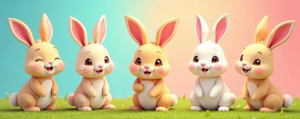 Fototapeta premium Adorable cartoon rabbits in various poses with colorful backgrounds, whimsical, furry, colorful