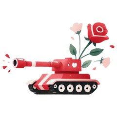 Valentine vehicle concept. A whimsical illustration of a tank adorned with a blooming rose, symbolizing peace and love juxtaposed with military themes.