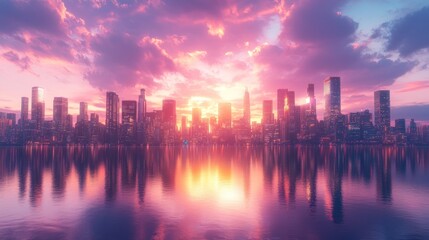 Fototapeta premium Cityscape at Sunset: A Stunning Reflection of Urban Beauty
