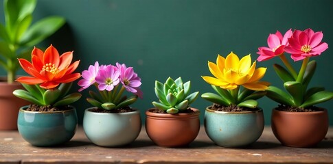 Image of A variety of colorful flowers and succulents in decorative pots on a wooden table, pots, flowers, plants printed on Printed Glass Splashbacks