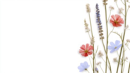 Obraz premium Pressed Flowers Border Delicate Wildflowers Spring Floral Design White Background