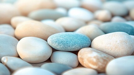 Fototapeta premium Coastal Zen: A serene collection of smooth, pastel-hued stones, artfully arranged, evokes a sense of calm and tranquility. Their gentle textures and varied colors invite contemplation and mindfulness.