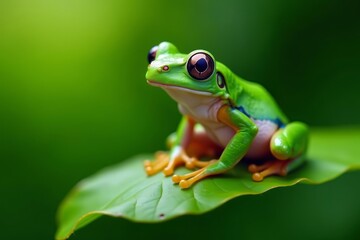 Close-up of white lipped tree frog sitting on green leaf in natural habitat, tropical, nature, wildlife
