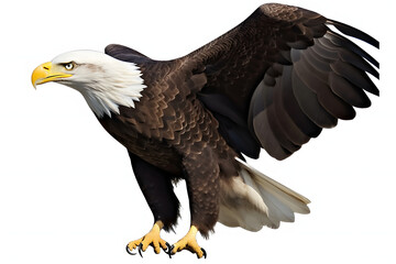 Fototapeta premium A majestic bald eagle soars through the air with its wings spread wide against a backdrop of snow-capped mountains. 