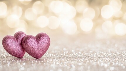 Fototapeta premium Two hearts are on a glittery surface, creating a romantic and dreamy atmosphere