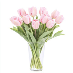 Fototapeta premium Bouquet of pink tulips arranged in a clear glass vase, showcasing elegance and simplicity