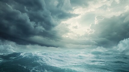 Fototapeta premium Turbulent Waters: An evocative, high-angle view captures the untamed power of the ocean during a storm, showcasing a vast expanse of churning waves under a dramatic sky. 