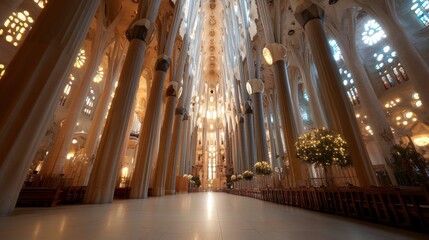 Obraz premium Grand interior of a cathedral, sunlight streams through stained glass windows