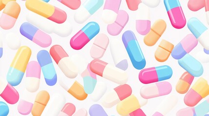 Seamless pattern of colorful pills and capsules, health and medicine concept